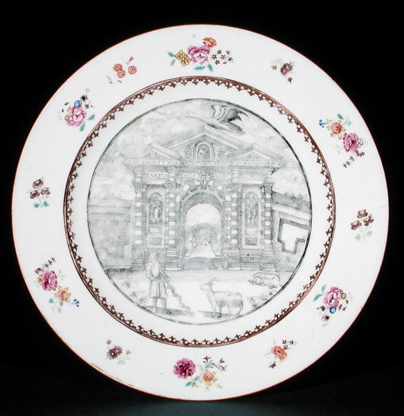 Prato de jantar decorado em grisaille com esmaltes Rose Famille representando Jacob Bobart (1599-1680) com uma cabra e um cão, período Qianlong (1736-95) (porcelana) de School Chinese
