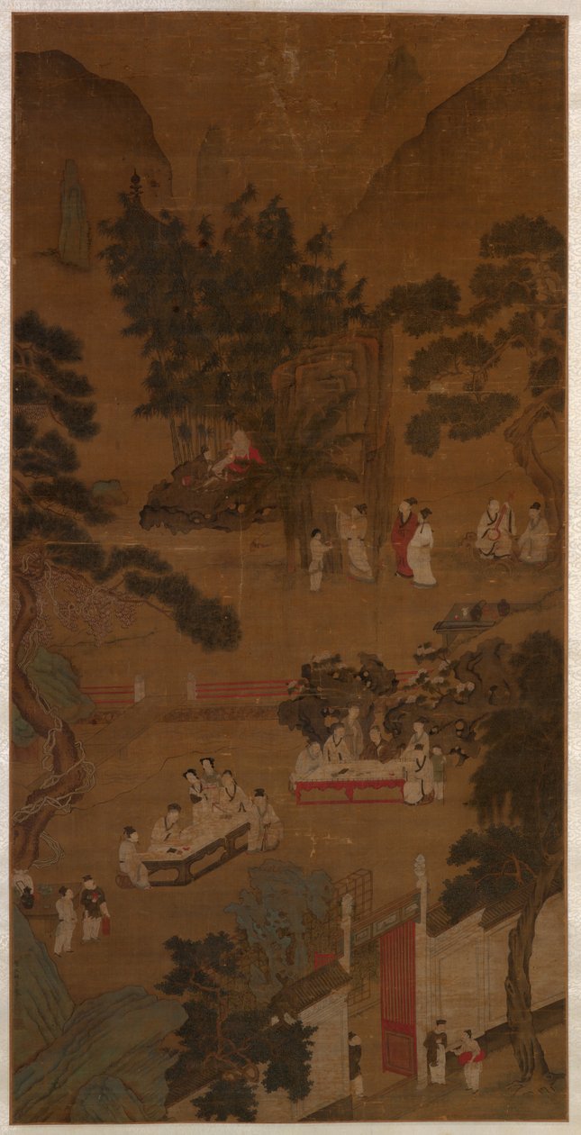 Reunião Elegante no Jardim Ocidental, c.1600 (tinta e cor sobre seda) de School Chinese