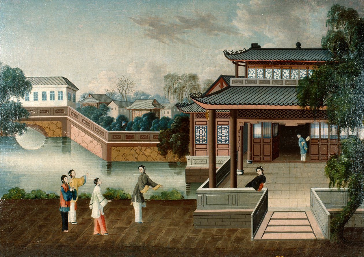Figuras aproximando-se de uma mansão ribeirinha, c.1800 (óleo sobre tela) de School Chinese