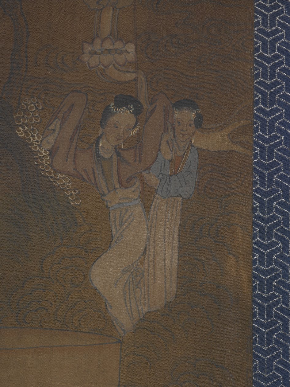 Cinco mulheres numa procissão (tinta e cor sobre seda) de School Chinese
