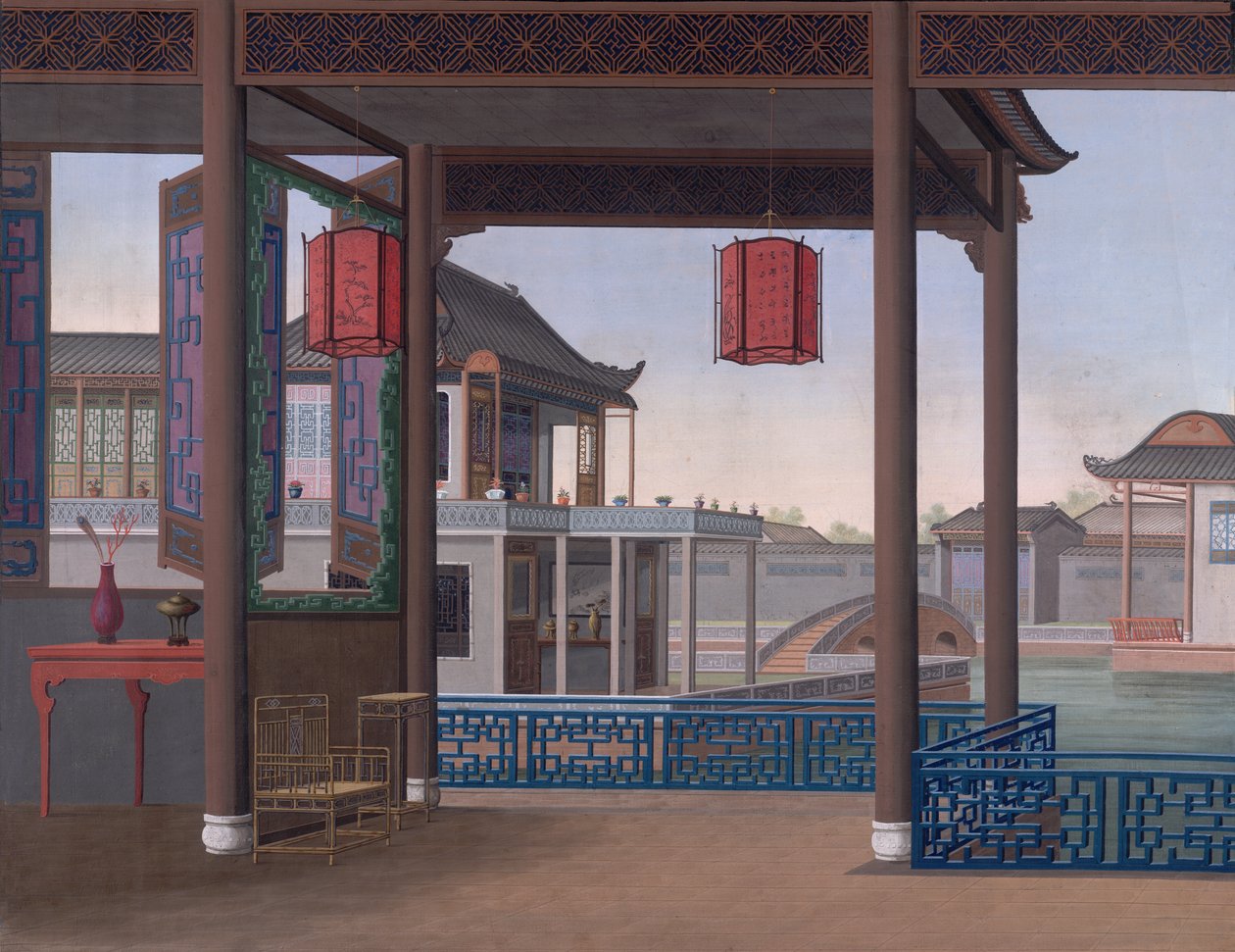 Casa de um oficial chinês, c.1800-05 (aguarela opaca sobre papel) de School Chinese
