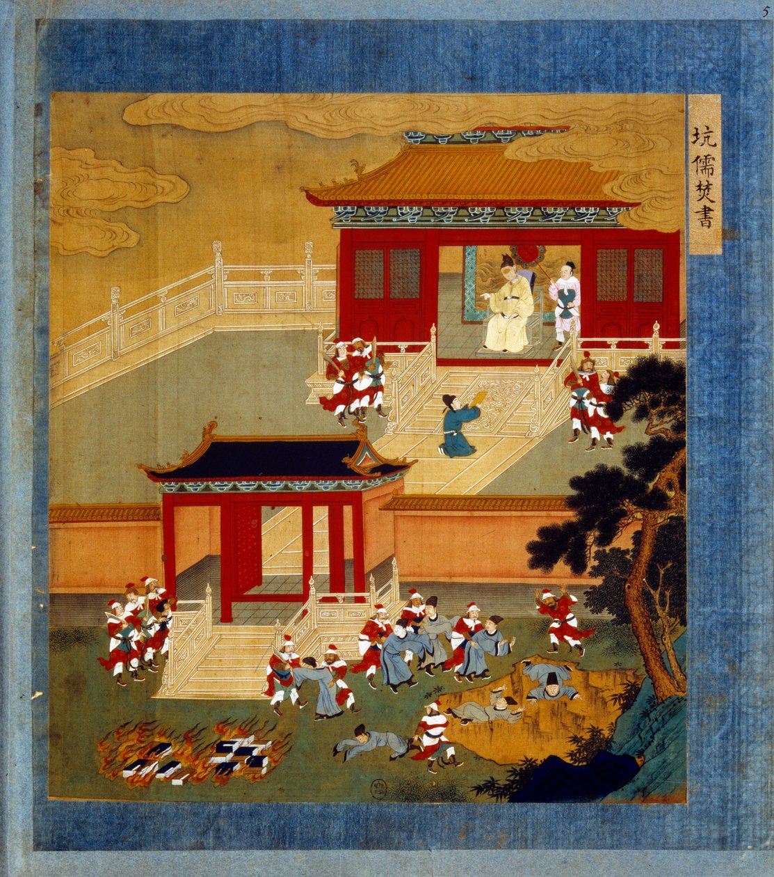 Huang Ti (Huang-Ti di também Qin Shi Huangdi), fundador da dinastia Qin (-260 a -210) queimou todos os livros chineses (autodafe) e precipitou pessoas alfabetizadas em um poço. Chi-Hoang é o construtor da grande muralha que separa a China da Tartaria. Mini de School Chinese