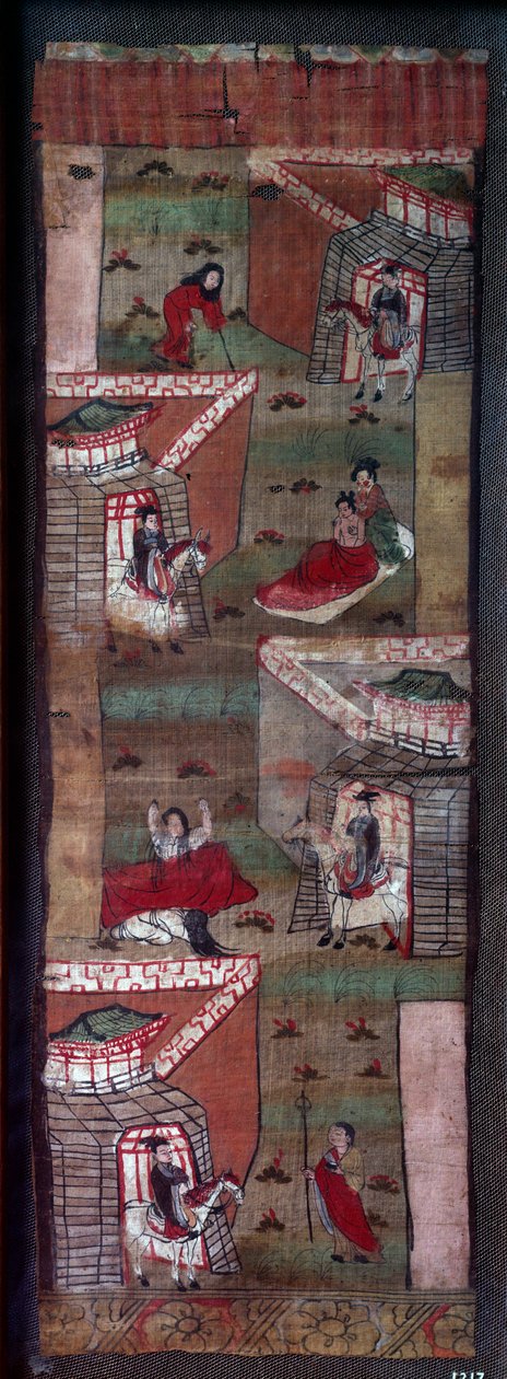 Vida de Buda: episódio dos 4 encontros de Siddhartha: um velho, um miserável, um doente e um grabato. Pintura, século VIII - X, Dinastia Tang. Paris, Musee Guimet de School Chinese