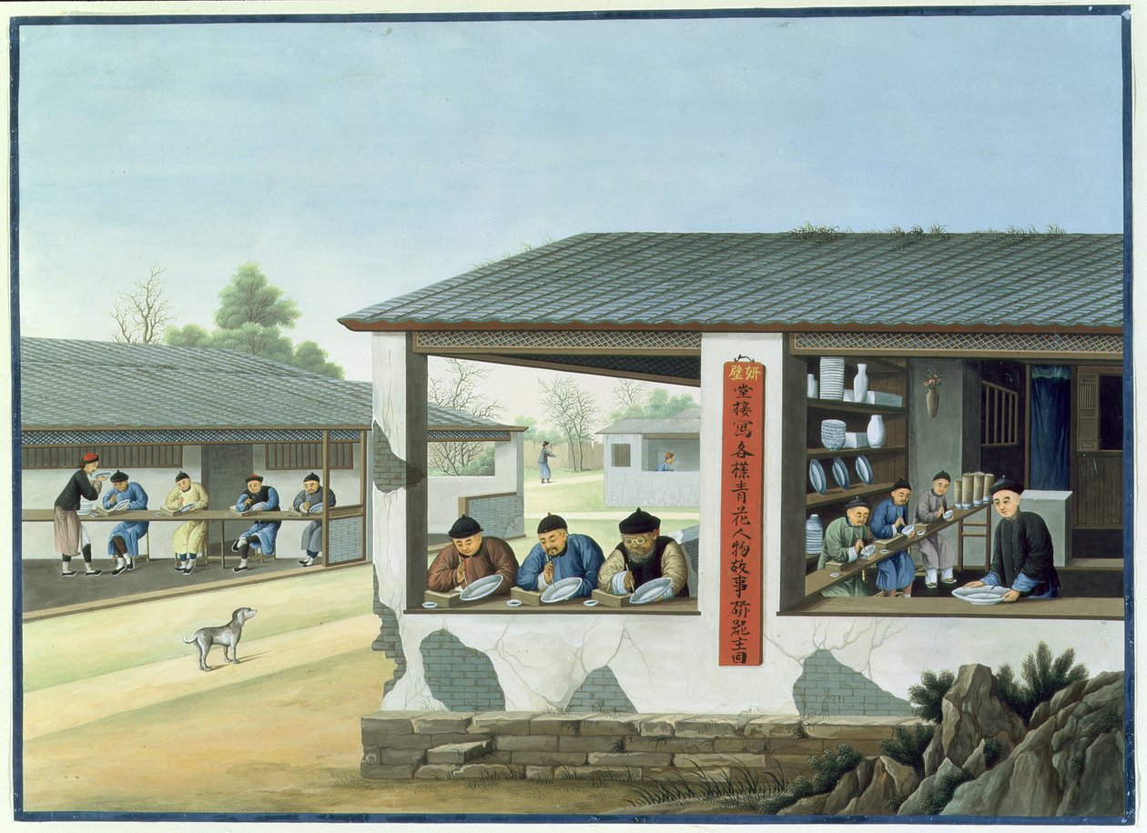 Fabrico de porcelana, decoração em azul (guache e aguarela sobre papel) de School Chinese