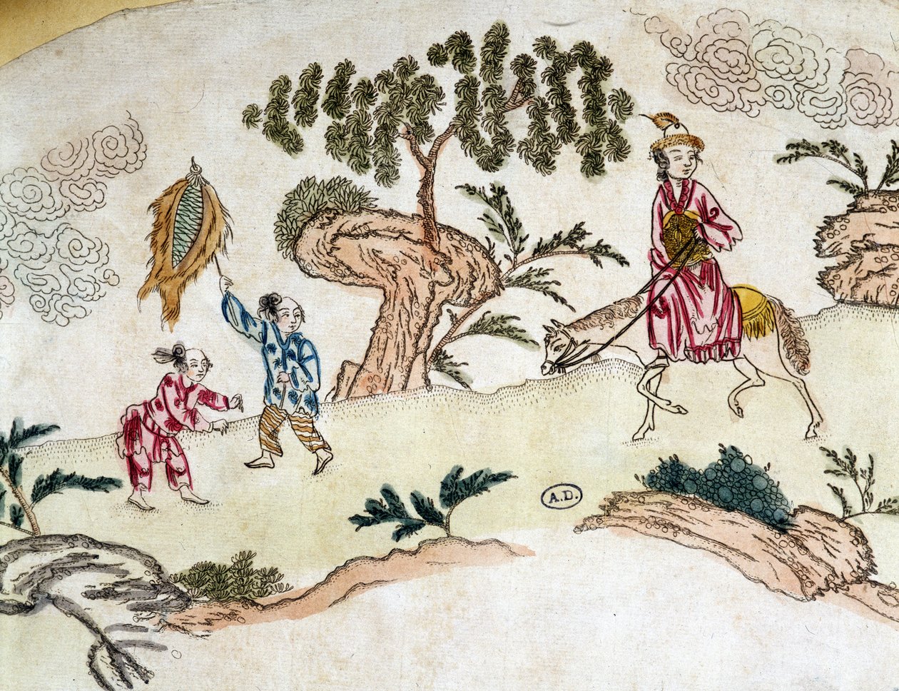 Mulher nobre a cavalo e crianças a brincar de papagaio - Chinese print, circa 1800 de School Chinese