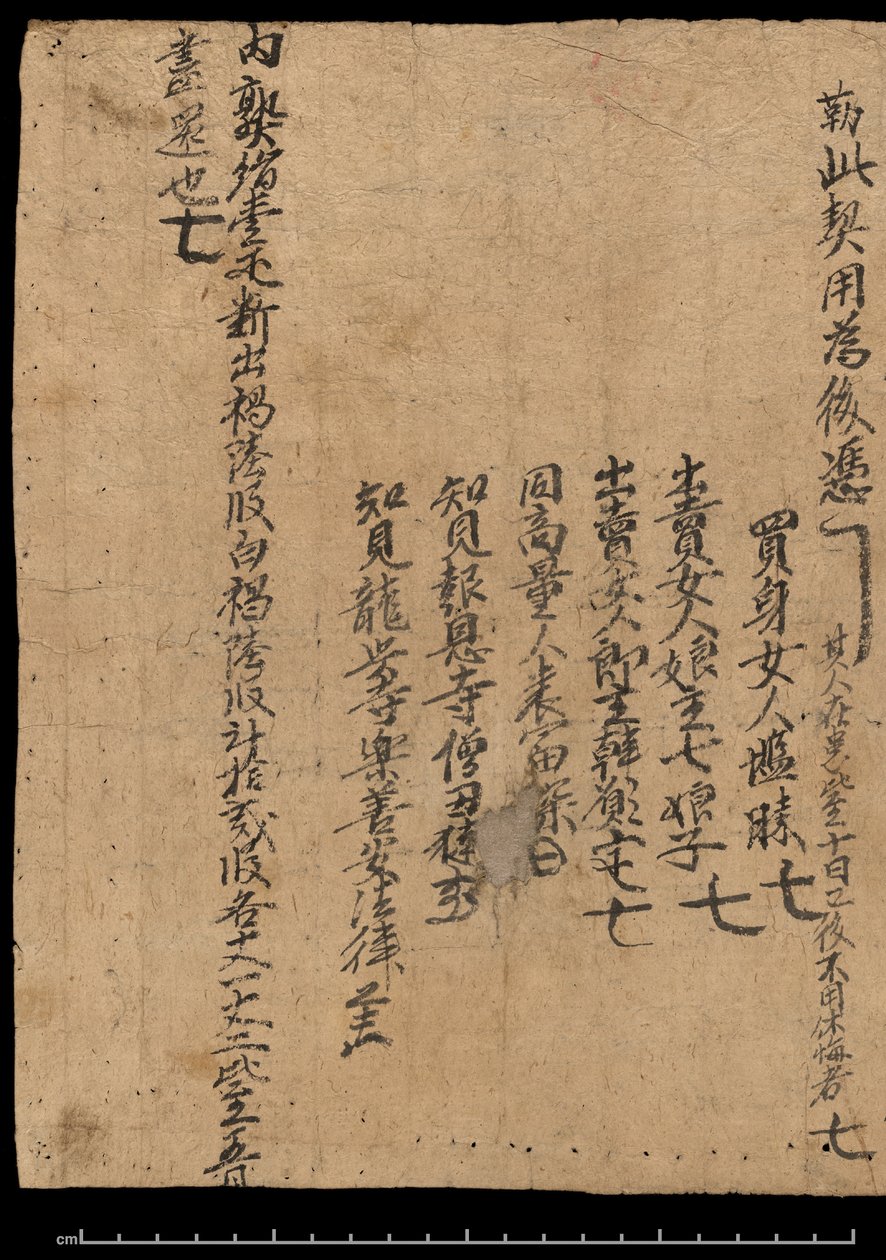 Ou. 8210, Contrato datado de 20 de Dezembro de 991 que troca uma escrava em vez de uma dívida de seda (pergaminho) de School Chinese