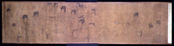 Palace Ladies at Leisure Handscroll, detalhe de senhoras fazendo música, depois de um original de Wen-chu Chou (fl.970) período Southern Sung, c.1140 (tinta e pigmento sobre seda) (ver também 114251) de School Chinese