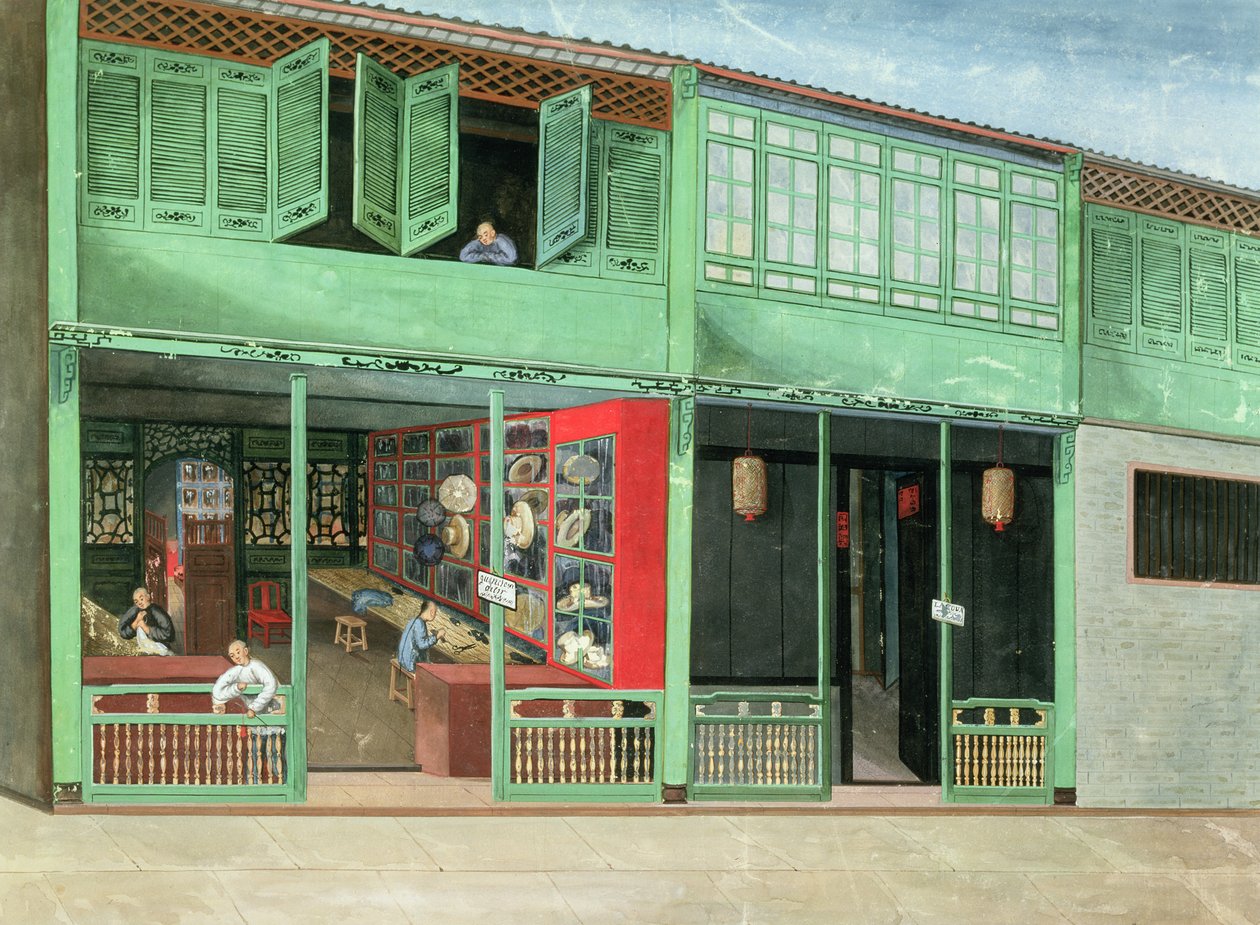 Polly, a alfaiataria China st. new - Perto do Hong espanhol ... Lamqua, a loja do pintor, c.1830 (guache sobre papel) de School Chinese