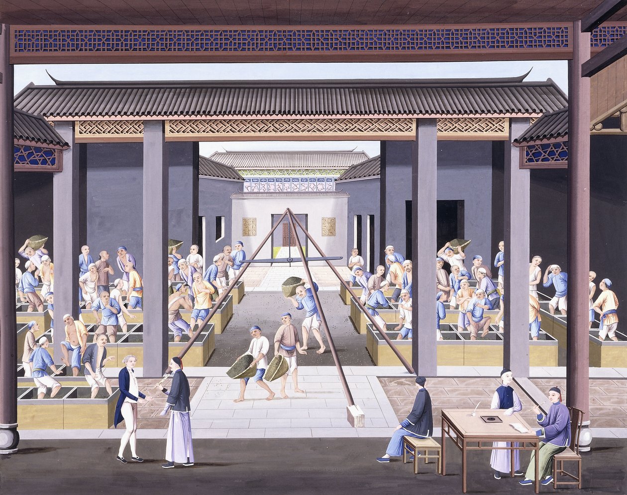 Pounding the Tea, c.1800 (desenhos a guache em papel pesado nativo) de School Chinese