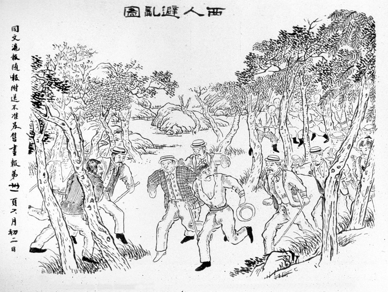 A Rebelião Boxer: Europeus de frente para os Boxers. Ilustração publicada no jornal Shanghai Toung-Ouen-Hou-Pao.1899 aproximadamente. de School Chinese