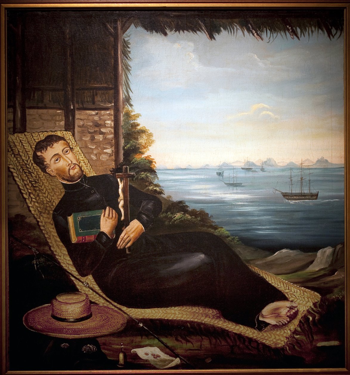 São François Xavier descansando em frente à baía de hong kong (China). Pintura da oficina de Hong Kong, óleo sobre tela, por volta de 1850. Museu de Port Louis. de School Chinese
