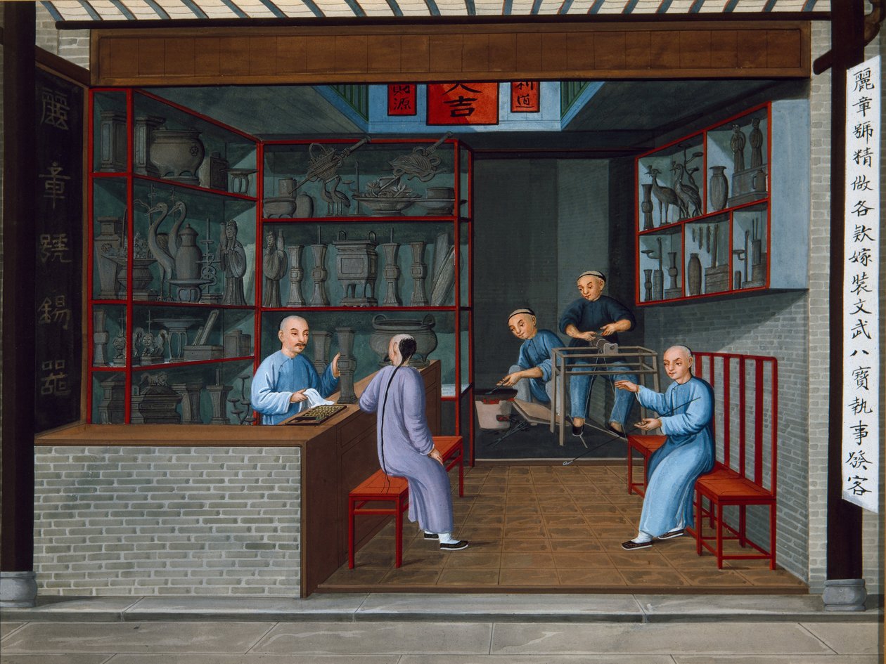 Venda de utensílios de metal para tuttenage, c.1825 (guache sobre papel) de School Chinese