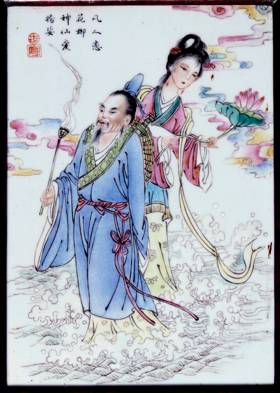 Alegoria de Verão Uma mulher segurando uma flor de lírio e um homem segurando um anel de incenso caminhando através do spray. Pintura em porcelana anónima. Colecção privada do século XVIII de School Chinese
