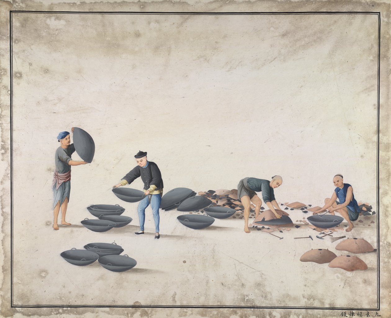 "Tirar o molde e tirar a boa panela de fundo redondo", fabricando ferro fundido na China, c.1820 (aguarela sobre papel) de School Chinese