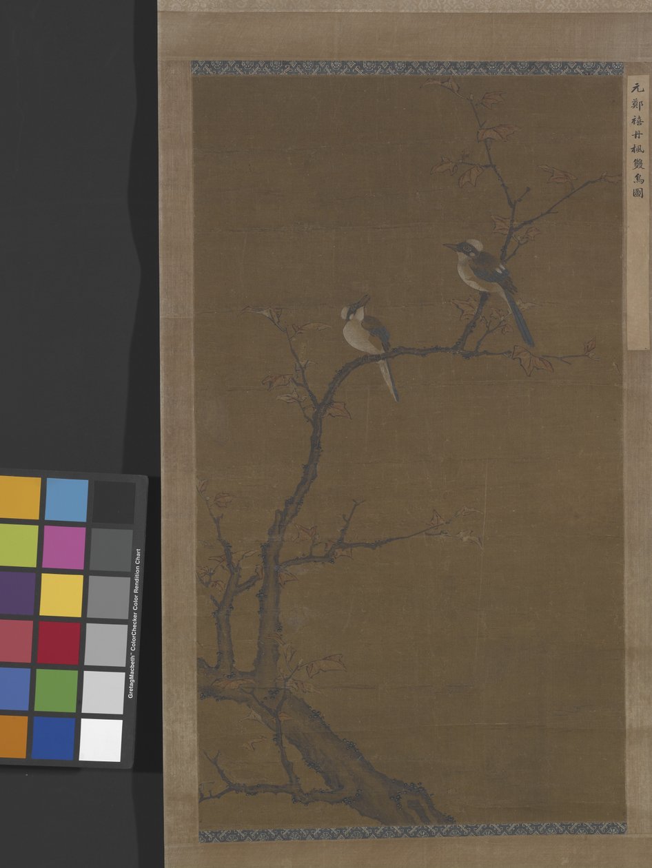 Dois pássaros num bordo vermelho, cerca de 1350 (tinta e cor sobre seda) de School Chinese