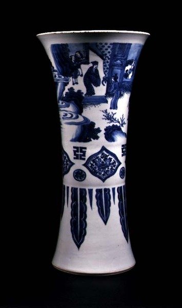 Vaso com três registros, representando uma paisagem, painéis de losangos e laptops decrescentes de School Chinese