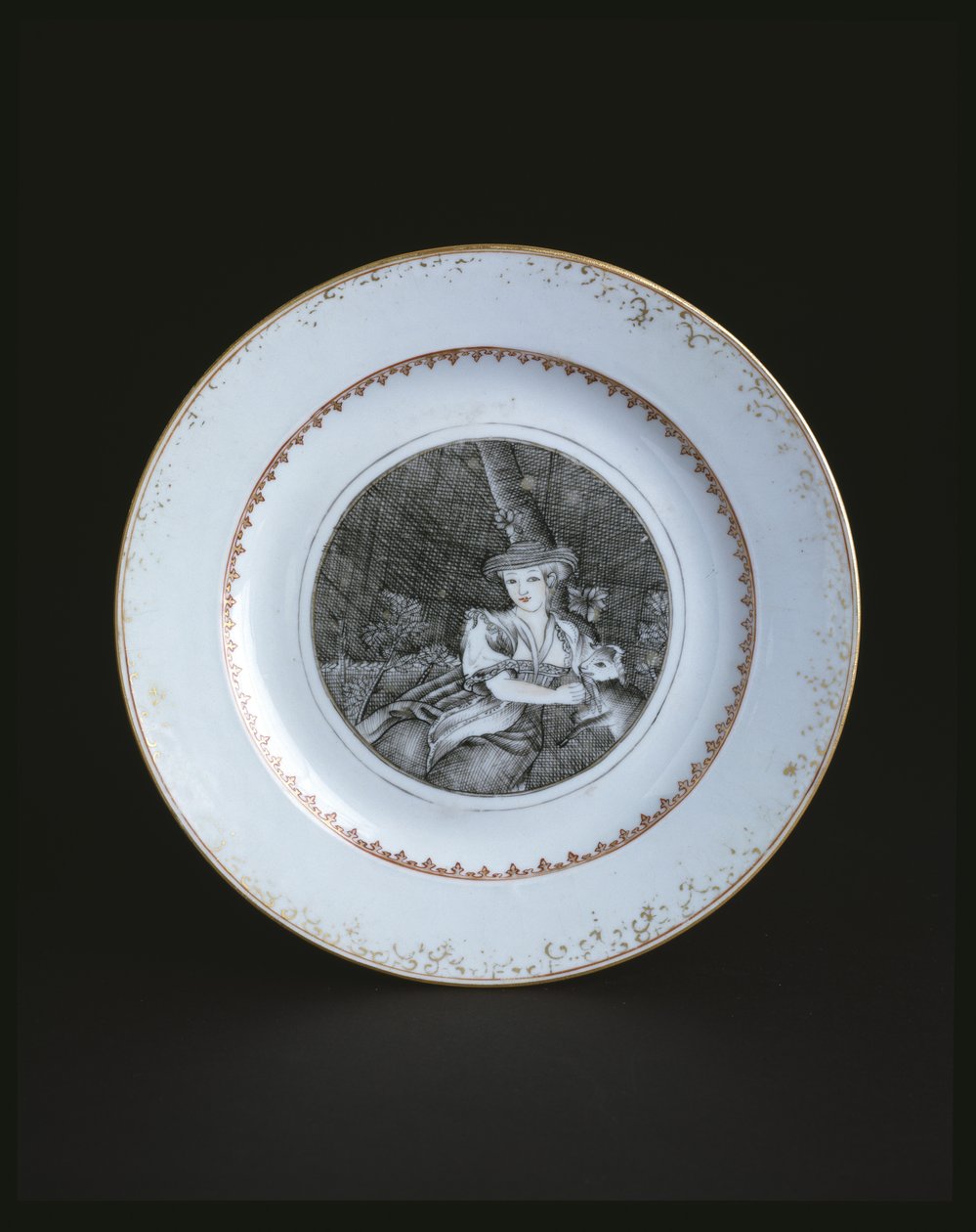Prato branco rodeado de ouro e vermelho com mulher (porcelana) de School Chinese
