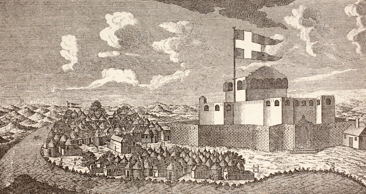 Forte colonial dinamarquês de Fredensborg, Ningo, Gana, tal como era em 1760, de "Afrika, dets Opdagelse, Erobring og Kolonisation", publicado em 1901 em Copenhaga (litografia) de School Danish