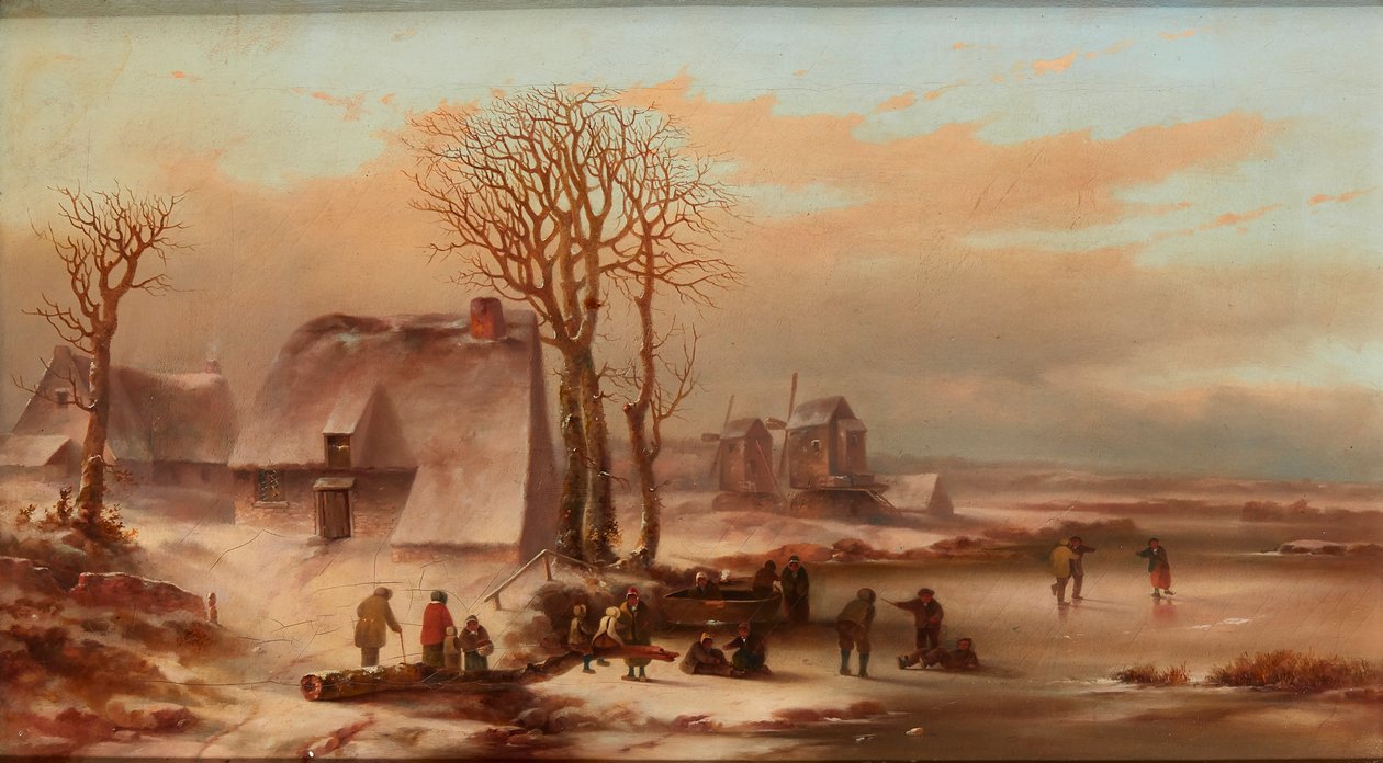 Uma paisagem de inverno com figuras em um lago congelado (óleo sobre tela) de School Dutch
