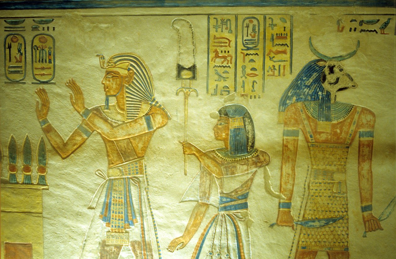 Antigo Egipto, Pintura/Escultura, Túmulo de Amon-Hir Khopshef, Ramsés III com o seu filho Amon-Hir carregando um estandarte de School Egyptian