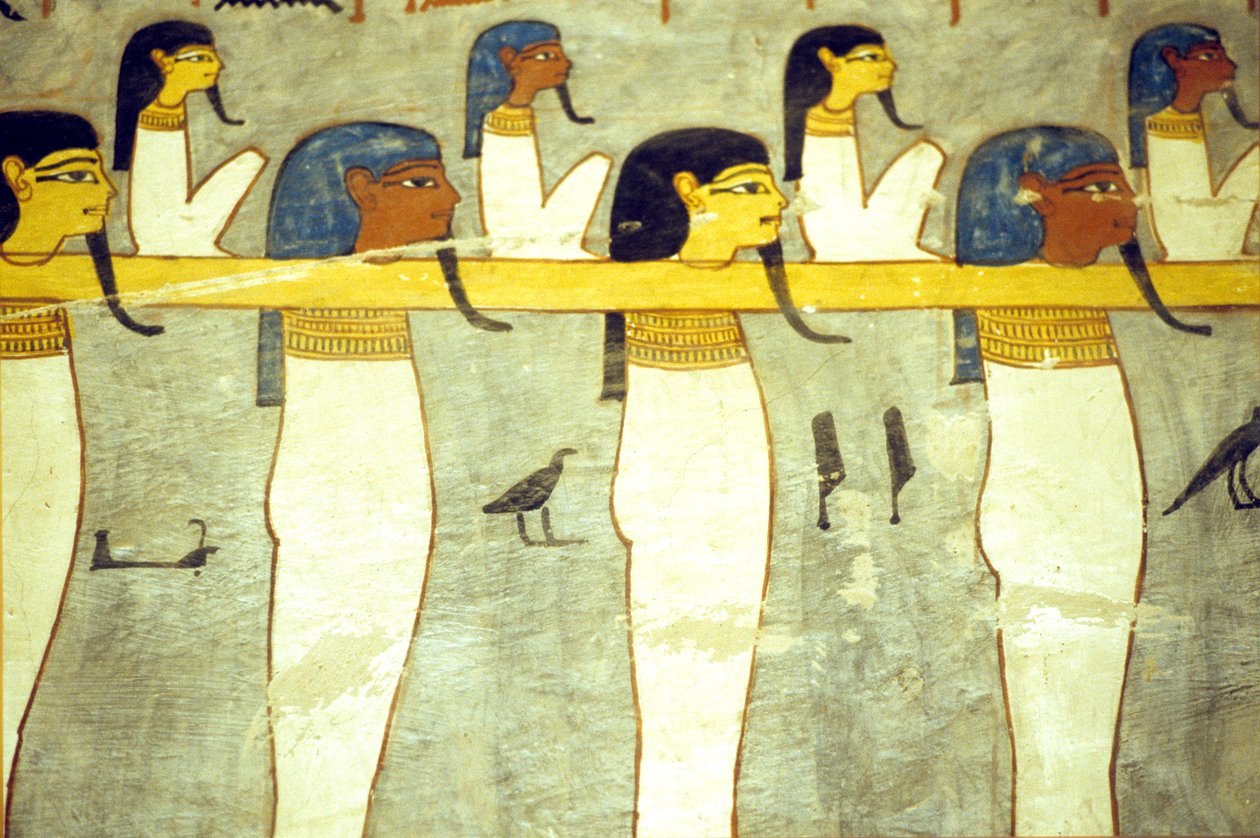 Antigo Egipto, Pintura, Deuses do submundo amarrados a Hathor, vaca divina, rebocando a barca solar, Túmulo de Ramsés I, Tebas de School Egyptian