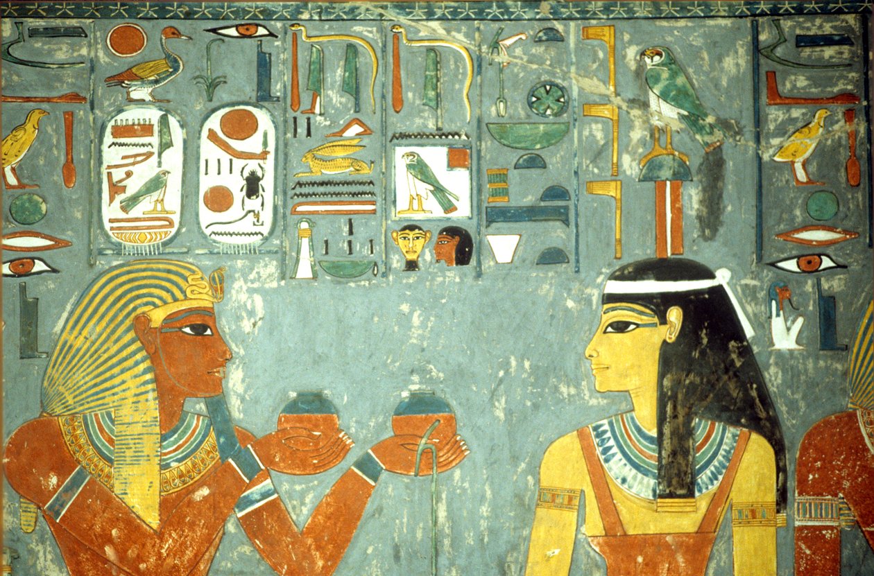 Antigo Egipto, Pintura, Horemheb oferecendo unguentos a Hathor, Túmulo de Horemheb, Tebas de School Egyptian