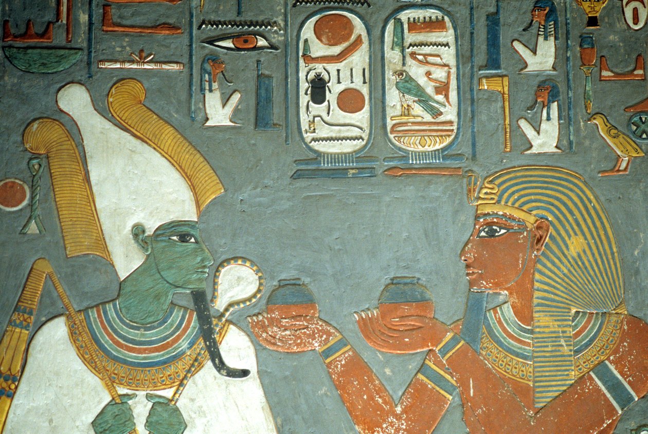 Antigo Egipto, Pintura, Horemheb oferecendo unguentos a Osíris, Túmulo de Horemheb, Tebas de School Egyptian