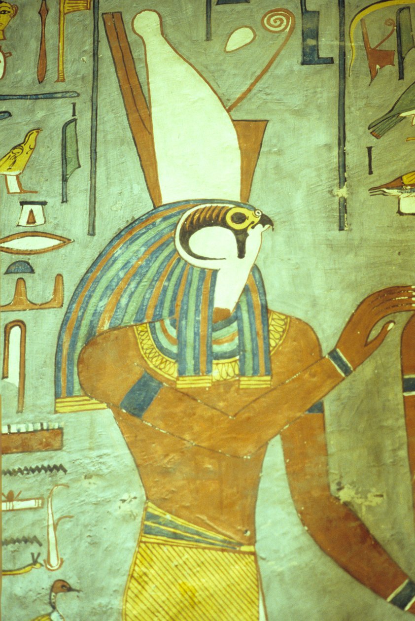 Antigo Egipto, Pintura, Hórus, Deus com cabeça de falcão, Deus dos reis, Túmulo de Ramsés I, Tebas de School Egyptian