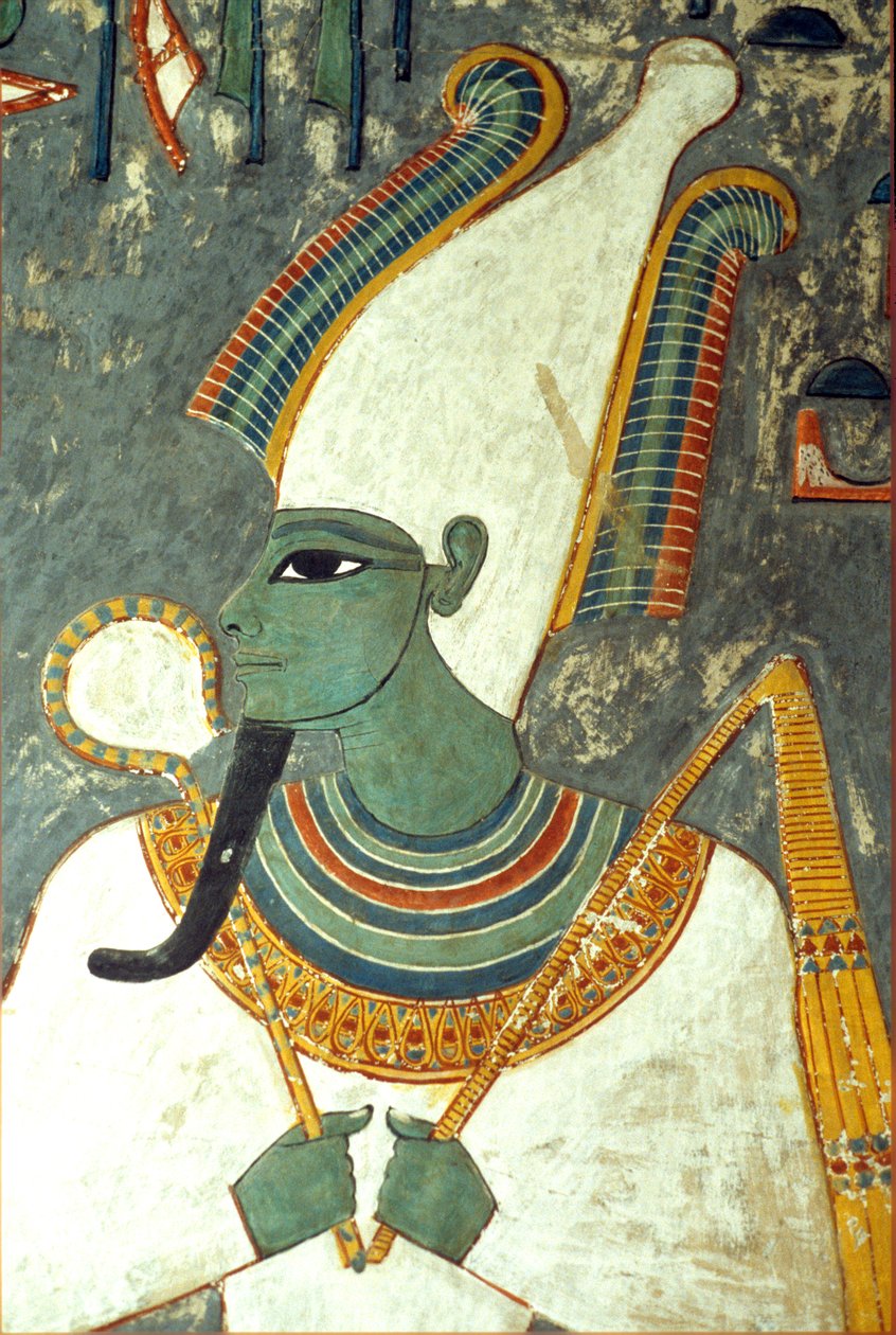Antigo Egipto, Pintura, Osíris, Túmulo de Horemheb, Tebas, Deus da vida após a morte, do submundo e dos mortos, de pele verde com barba de faraó, usando uma coroa com duas grandes penas de avestruz de cada lado e segurando um bastão simbólico (foto) de School Egyptian