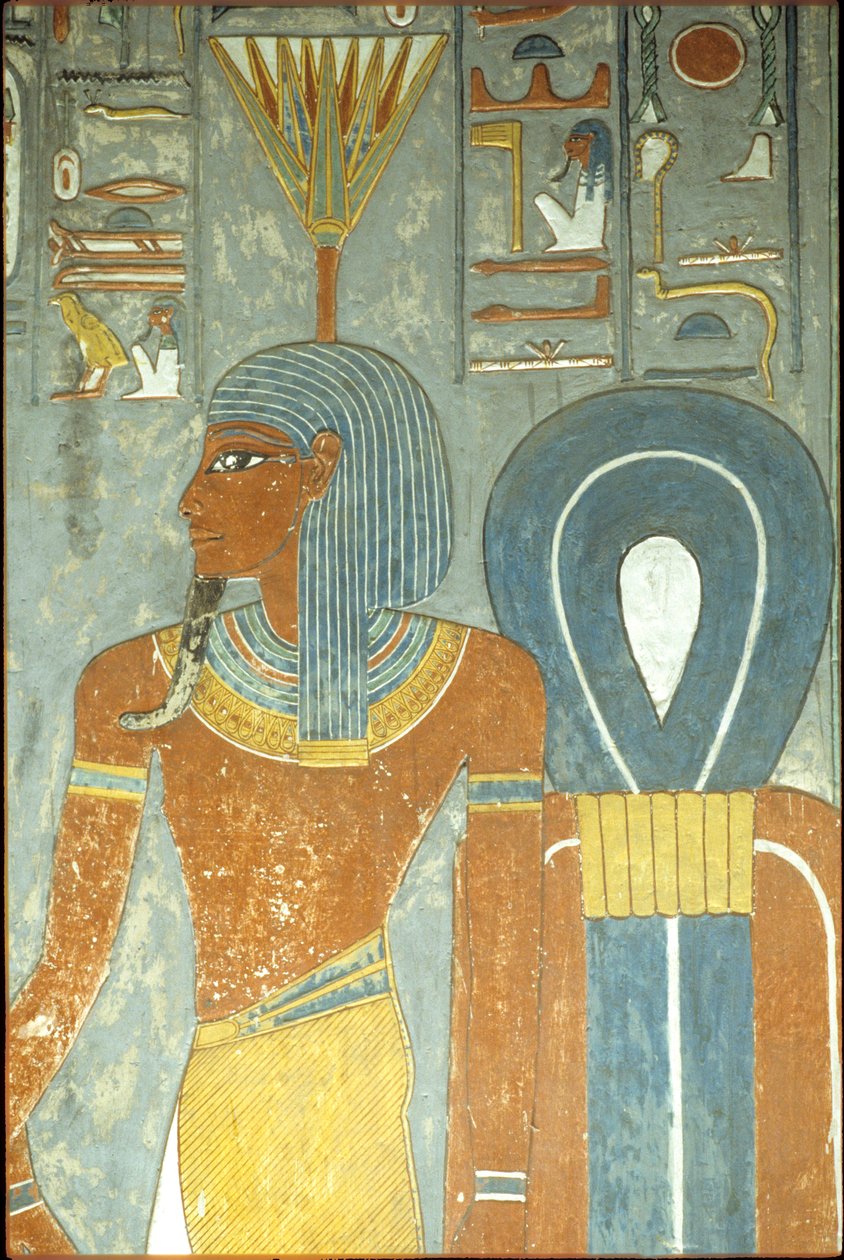 Antigo Egipto, Pintura, Túmulo de Horemheb, Tebas 18ª dinastia, Deus Nefertum e Nó de Ísis, Nefertum ou Nefertem com um toucado de nenúfar ou lótus (foto) de School Egyptian