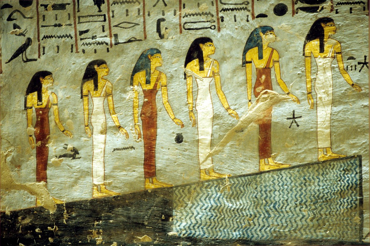 Antigo Egito, Pintura, Túmulo de Ramsés I, Tebas, Seis deusas representando as primeiras seis horas da noite, subindo uma montanha sob a qual se encontra um lago de School Egyptian