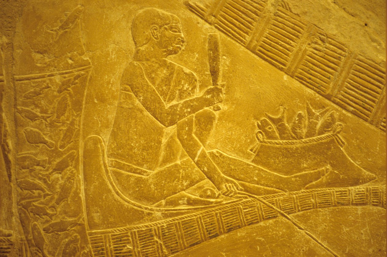 Antigo Egipto, Escultura/Pintura mural, Mastaba/Túmulo de Idout, Saqqara, Pescadores sentados em barcos a pescar, 6ª dinastia (foto) de School Egyptian