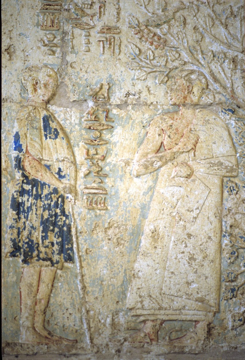 Antigo Egipto, Escultura/Pintura mural, Túmulo de Petosiris, Tuna el Gebel, 300 a.C., Petosiris e a sua mulher (foto) de School Egyptian