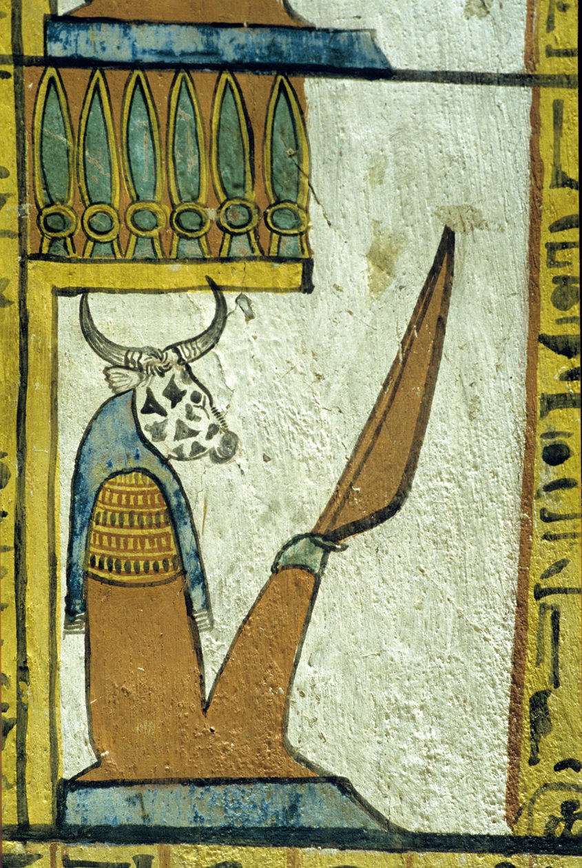 Antigo Egipto, Pintura mural, Deus do submundo com cabeça de vaca, Túmulo de Sennedjem, Tebas, Deir el Medina de School Egyptian