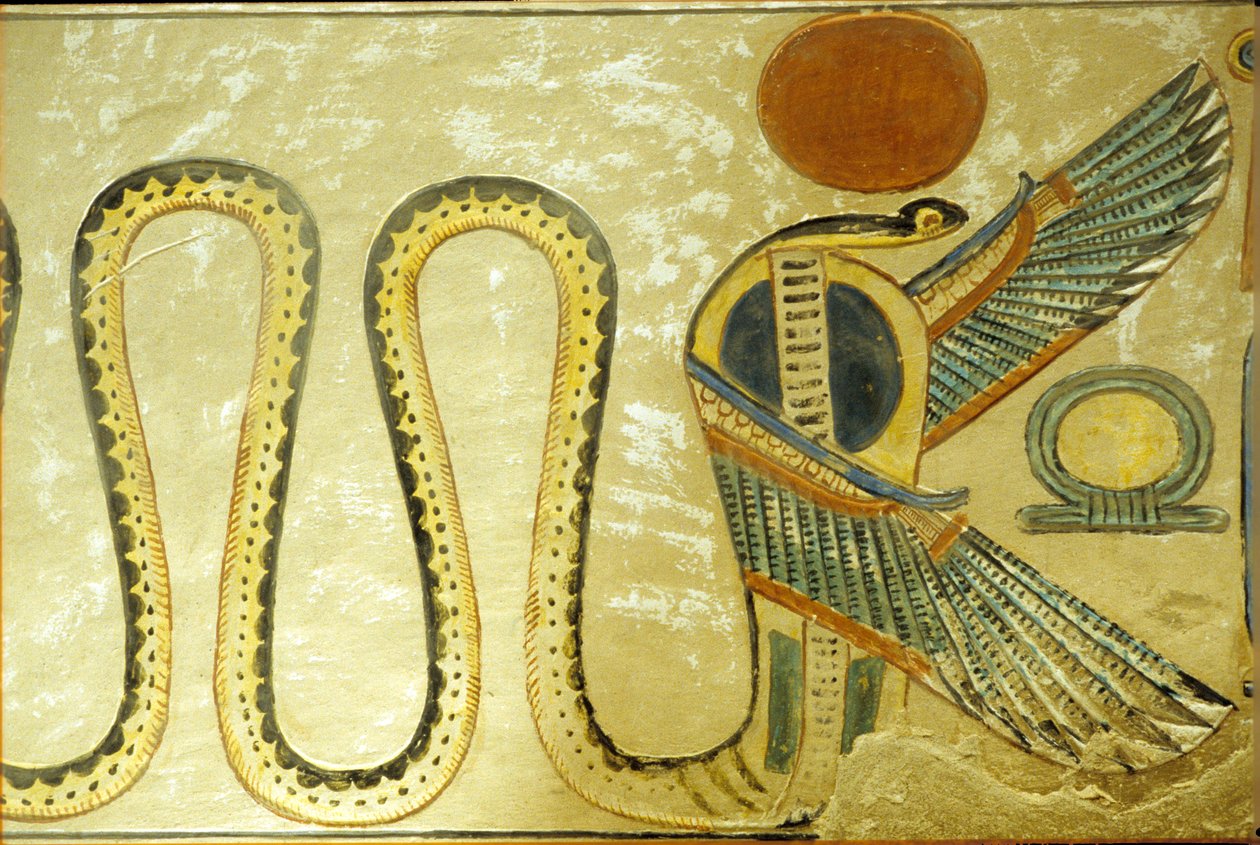 Antigo Egipto, Pintura mural, Túmulo de Amon hir Khopshef, Uraeus e serpentes aladas guardam a entrada da câmara funerária, 20ª dinastia, Vale das Rainhas (foto) de School Egyptian