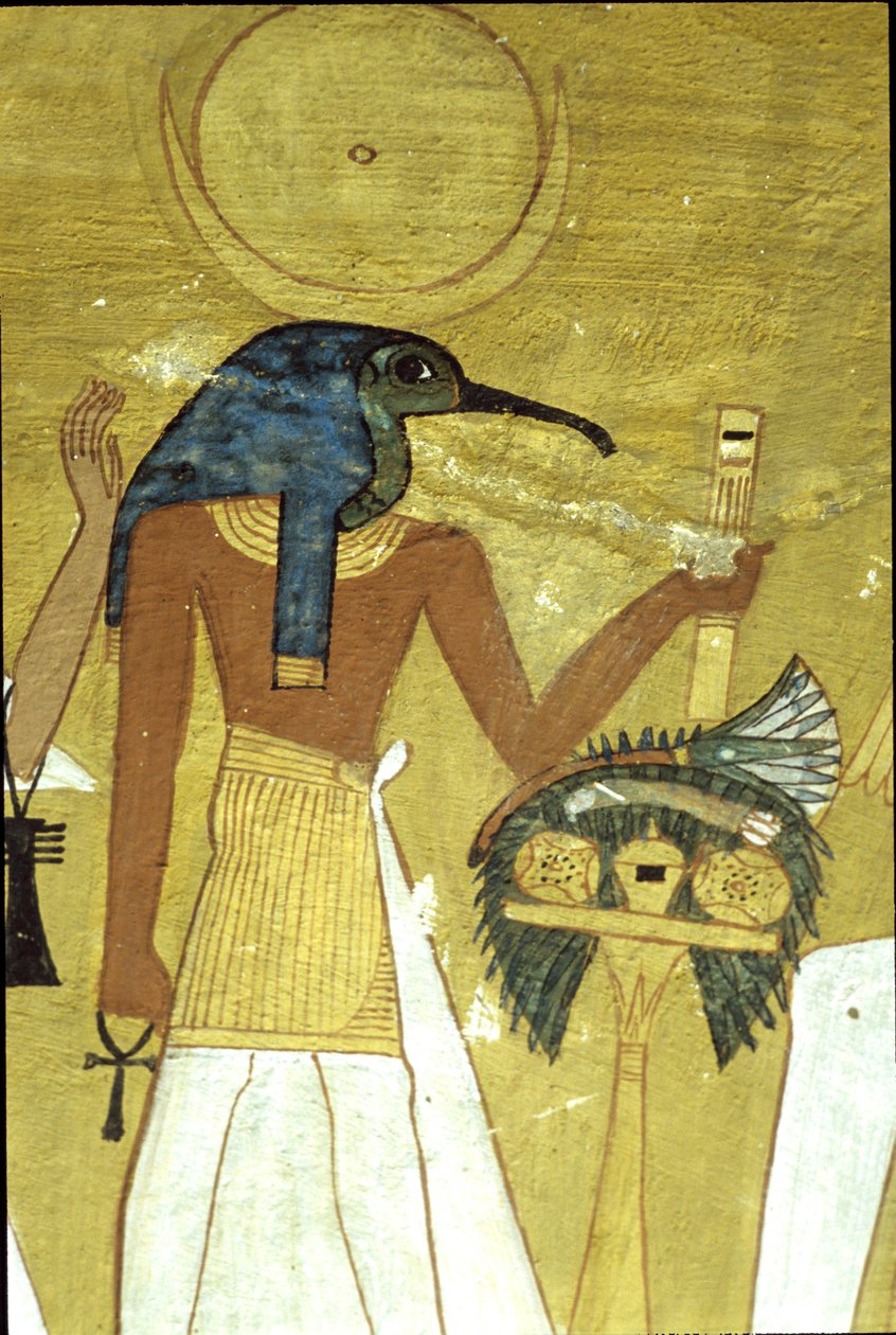 Antigo Egipto, Pintura mural Túmulo de Inherkhau, Tebas, Deus Thoth apresentando o defunto a Osíris, 20ª Dinastia, Deus com cabeça de íbis e disco lunar (foto) de School Egyptian