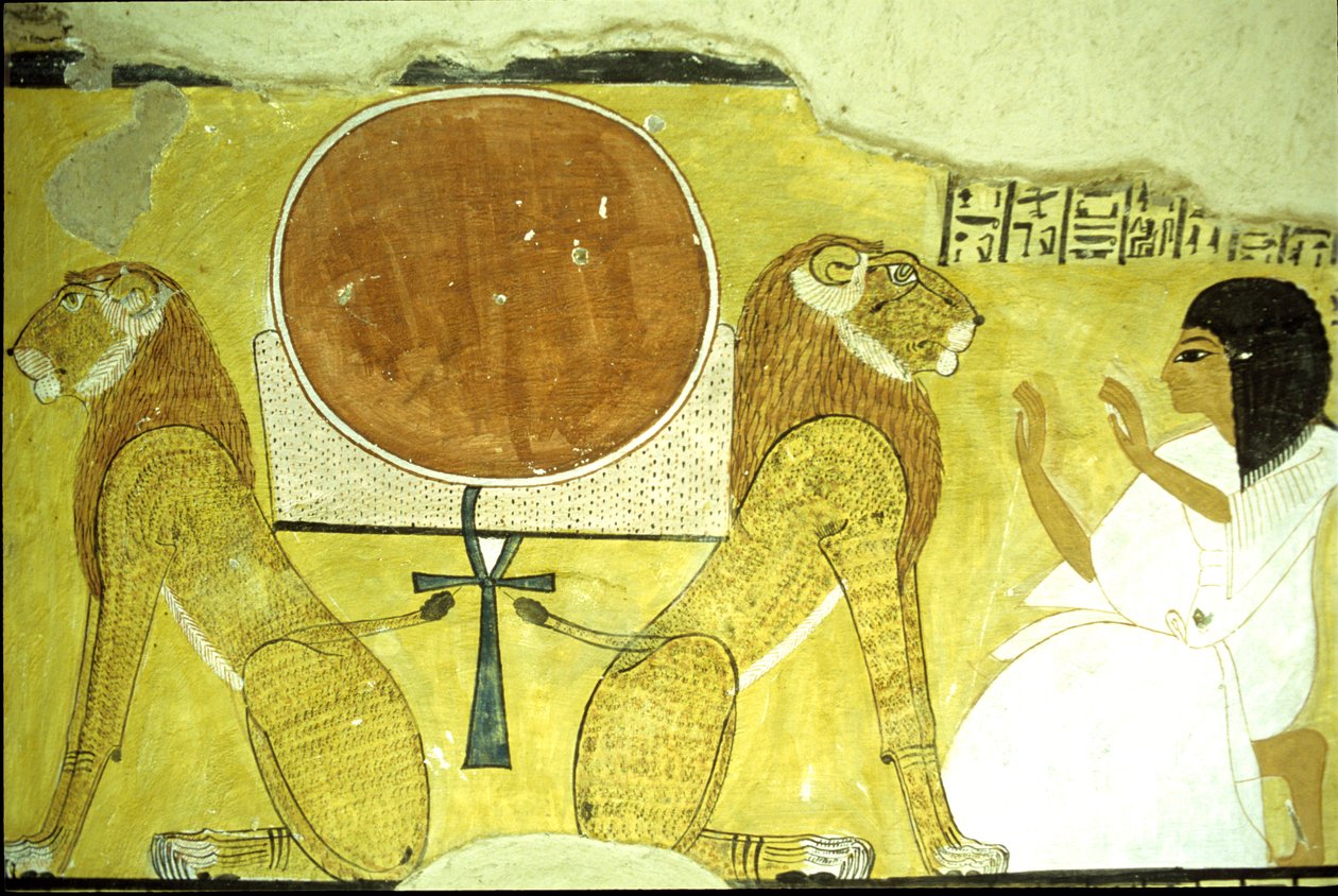 Antigo Egipto, Pintura mural Túmulo de Inherkhau, Tebas, Inherkhau adorando dois leões, guardiões do hoje e do amanhã, 20ª Dinastia (foto) de School Egyptian