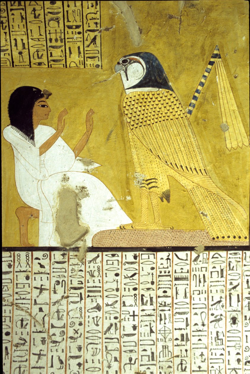 Antigo Egipto, Pintura mural Túmulo de Inherkhau, Tebas, Túmulo dos Nobres, 20ª dinastia, Inkherhau adorando o falcão Hórus (foto) de School Egyptian