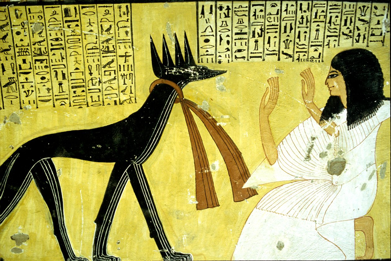 Antigo Egipto, Pintura mural Túmulo de Inherkhau, Tebas, Túmulo dos Nobres, 20ª dinastia, Inherkhau adorando os deuses chacais (foto) de School Egyptian