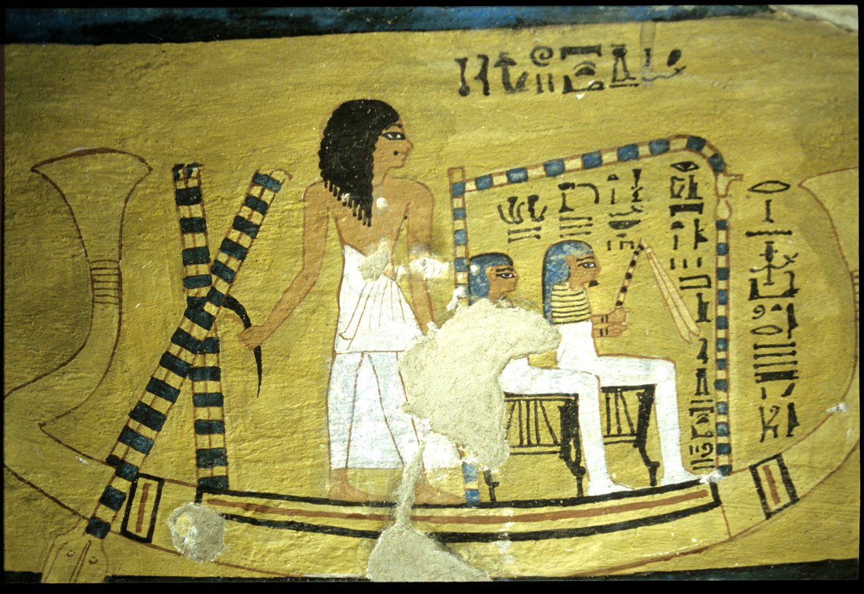 Antigo Egito, Pintura mural Túmulo de Inherkhau, Tebas, Túmulo dos Nobres, 20ª dinastia, Inherkhau conduzindo um barco com dois deuses sentados num santuário (foto) de School Egyptian