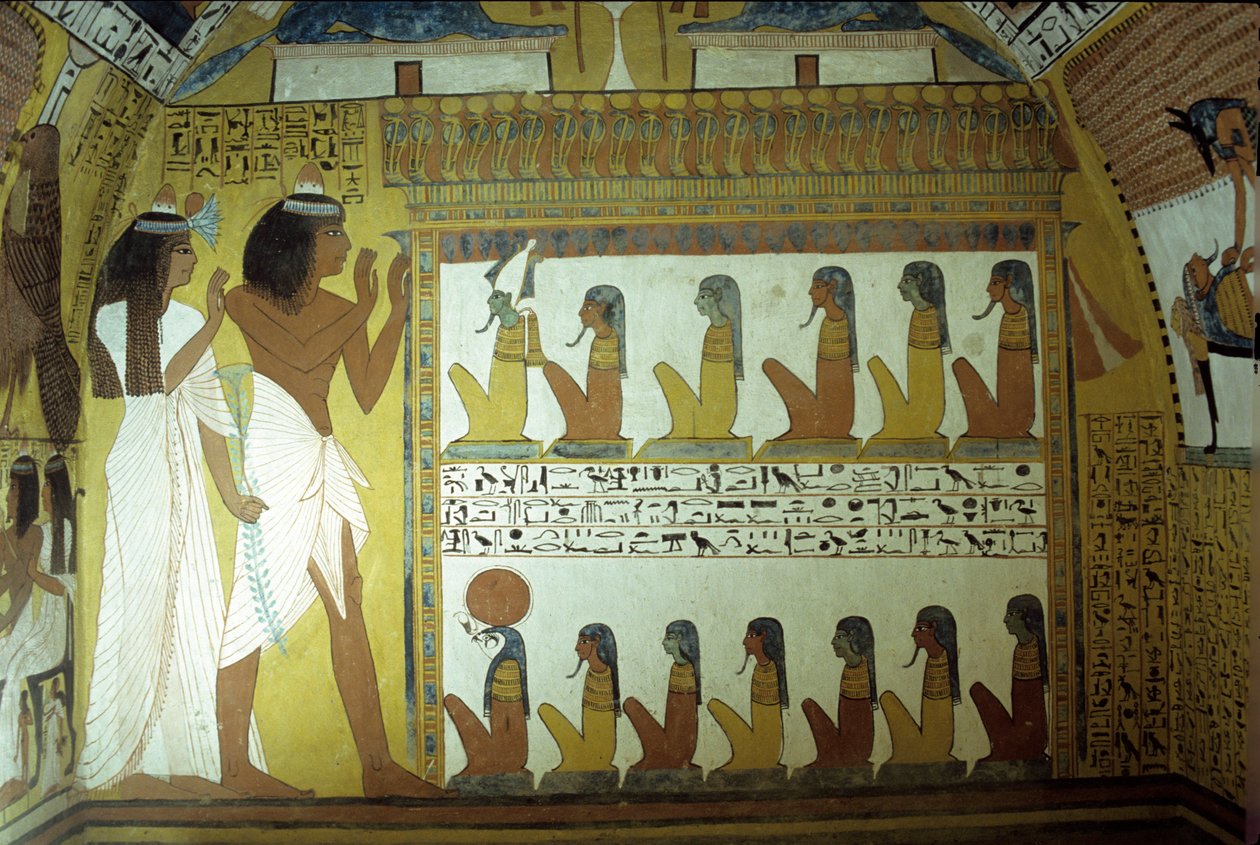 Antigo Egipto, Pintura mural, Túmulo de Sennedjem, Muro, Sennedjem e a sua mulher adoram os deuses do submundo, Osíris, Hórus, Tebas, Deir el Medina de School Egyptian