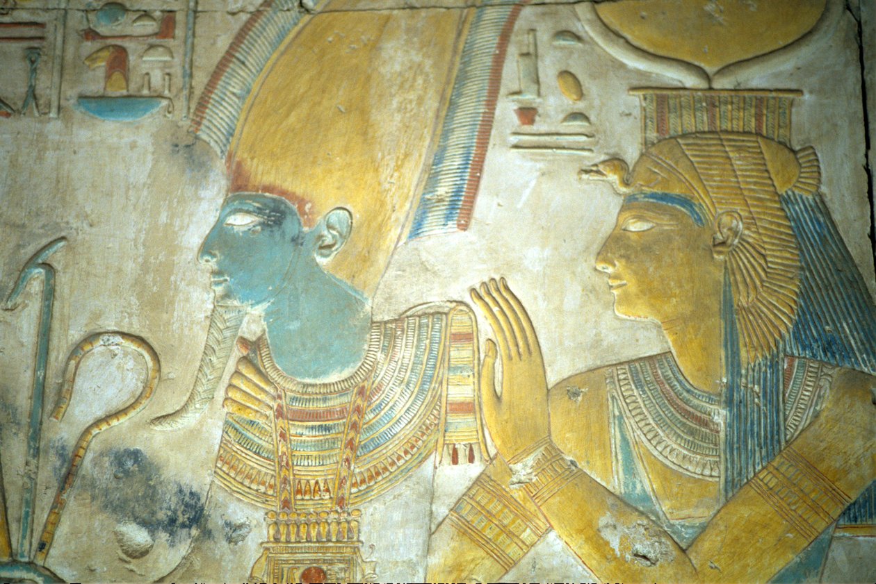 Egipto antigo, Pintura/gravura mural, Ísis e Osíris, Templo de Seti I, Abydos (foto) de School Egyptian