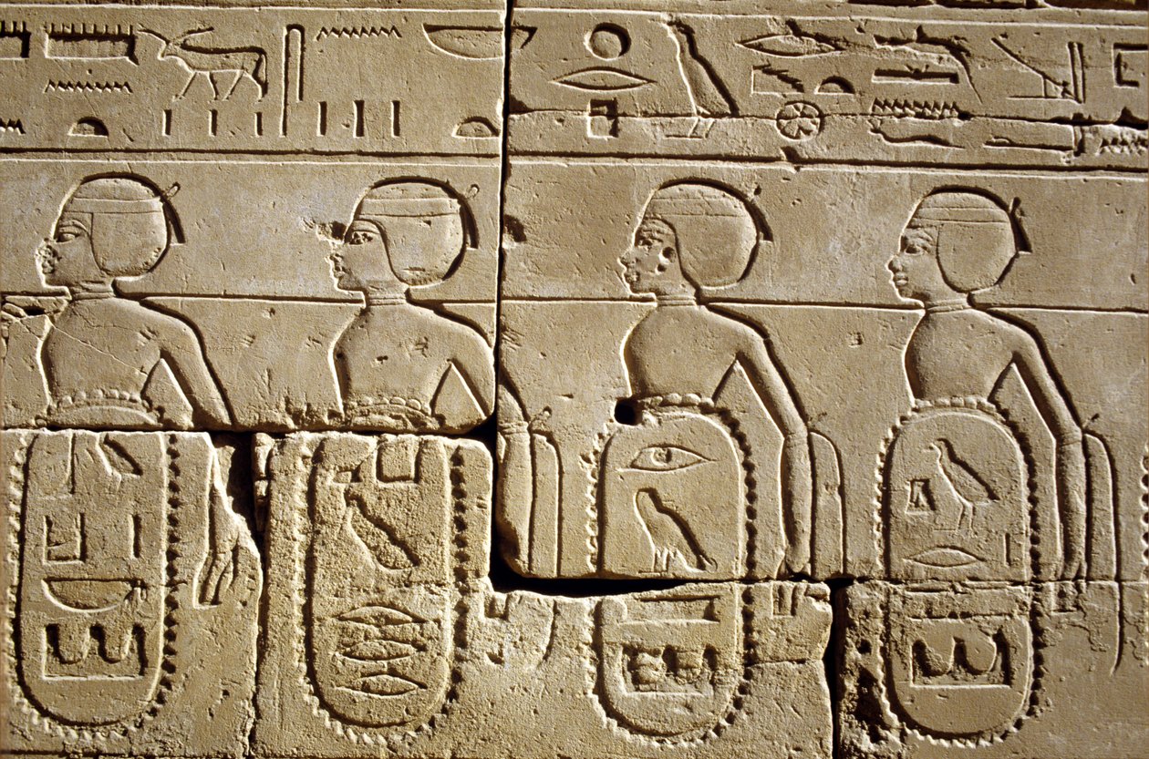 Egipto antigo, Pintura/gravura mural, Karnak/Luxor Pylon Six, Parte das listas de tribos do sul e da Síria que foram subjugadas pelo exército de Tutmoses III, Templo de Karnak, Luxor de School Egyptian