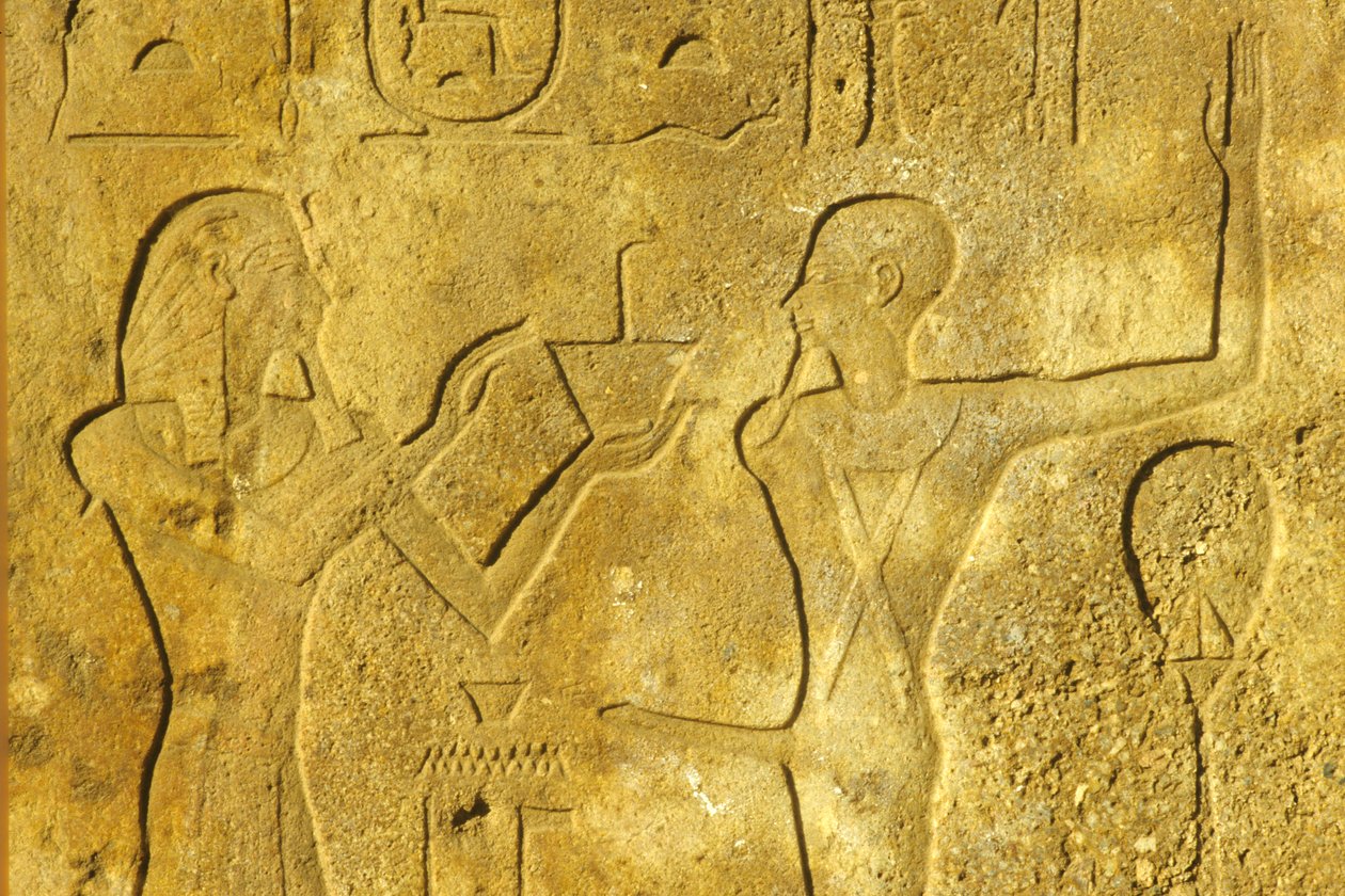 Antigo Egipto, Pintura/gravura mural, Templo de Karnak/Luxor, Hatshepsut oferece incenso ao Deus Min de School Egyptian