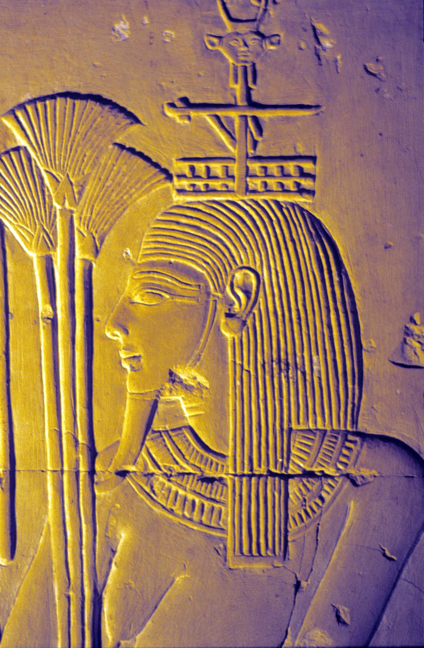 Antigo Egipto, Pintura/gravura mural, Deus do Nilo traz oferendas de flores de lótus, Templo de Seti I, Abydos de School Egyptian