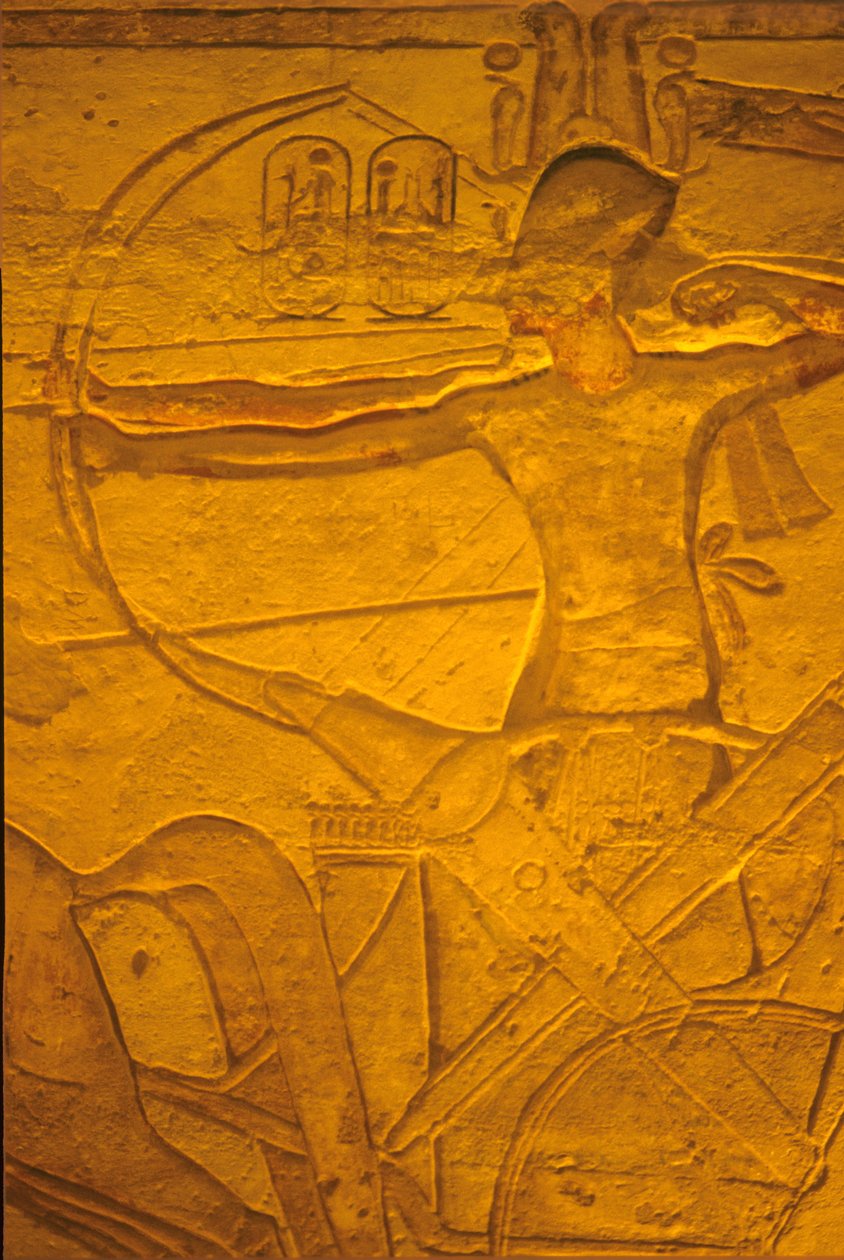 Antigo Egipto, Pintura mural/Escultura, Ramsés II na sua carruagem na batalha de Kadesh, Templo de Ramsés II e Nefertari, Abu Simbel de School Egyptian