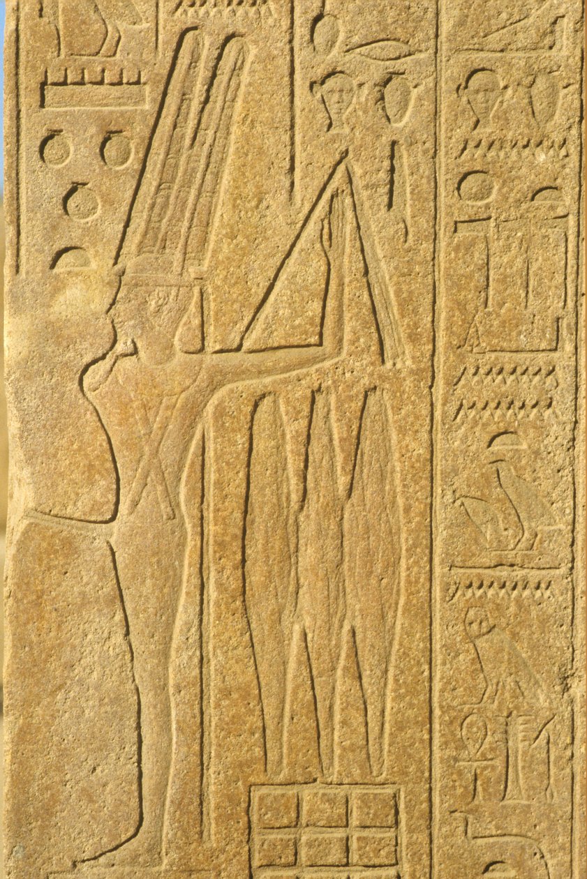 Antigo Egipto, Pintura/gravura mural, O Deus Min, Templo de Karnak, Luxor, Deus da fertilidade, Segurando um mangual (foto) de School Egyptian