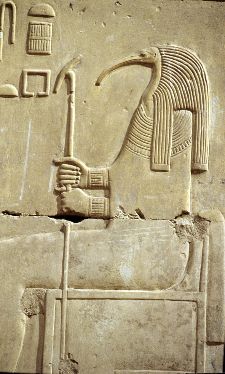 Antigo Egipto, Pintura/gravura mural, O Deus Thoth, Templo de Seti I, Abydos de School Egyptian