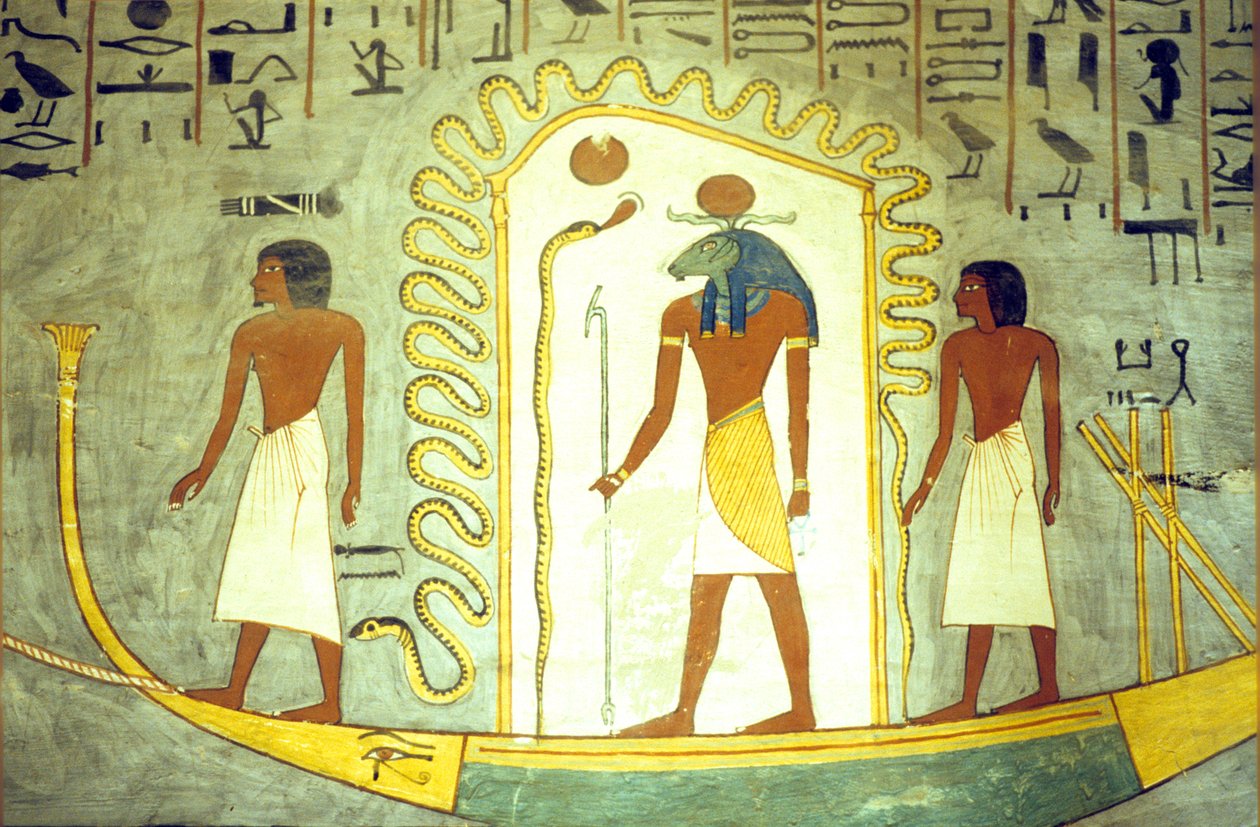 Antigo Egipto, Pintura/gravura mural, Túmulo de Ramsés I, Tebas, Barca de Amon Ra sendo rebocada através do submundo (foto) de School Egyptian