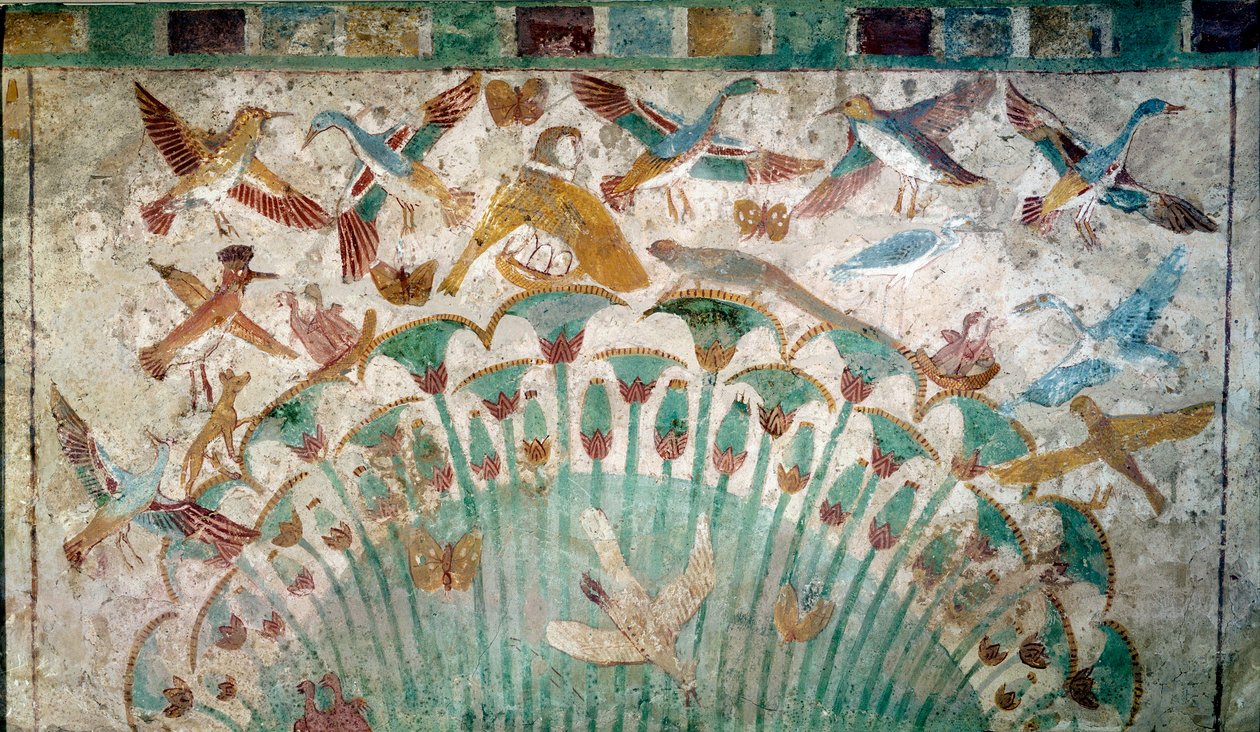 Antigo Egipto: animais numa cavilha de papiro, fragmento de calcário do túmulo de Neferhotep, cerca de 1400 AC 18ª dinastia, Dimensão 43x74 cm Paris, Museu do Louvre - Antiguidade egípcia: animais numa cavilha de papiro, fragmento de calcário do túmulo de  de School Egyptian